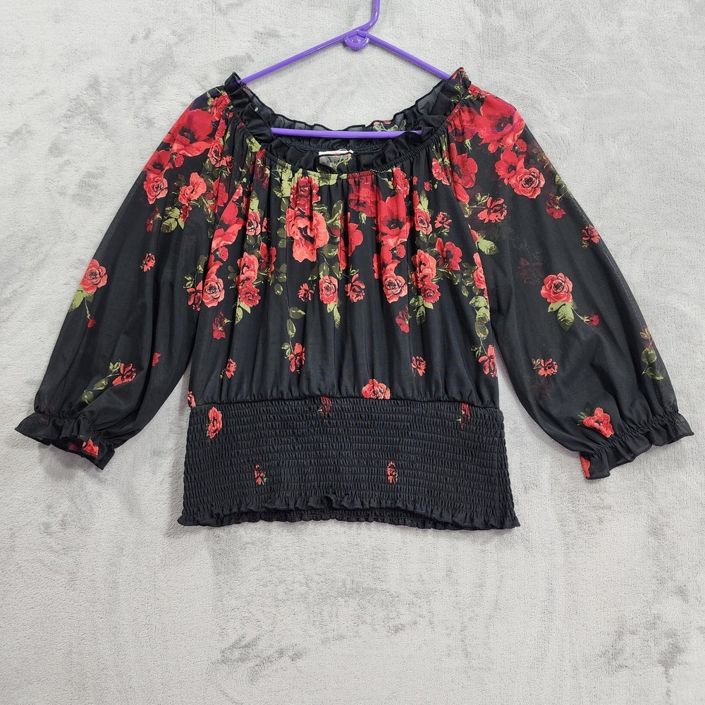 Ember Top Womens XL Black Floral Off Shoulder 3/4 Balloon Sleeve Smocked Blouse